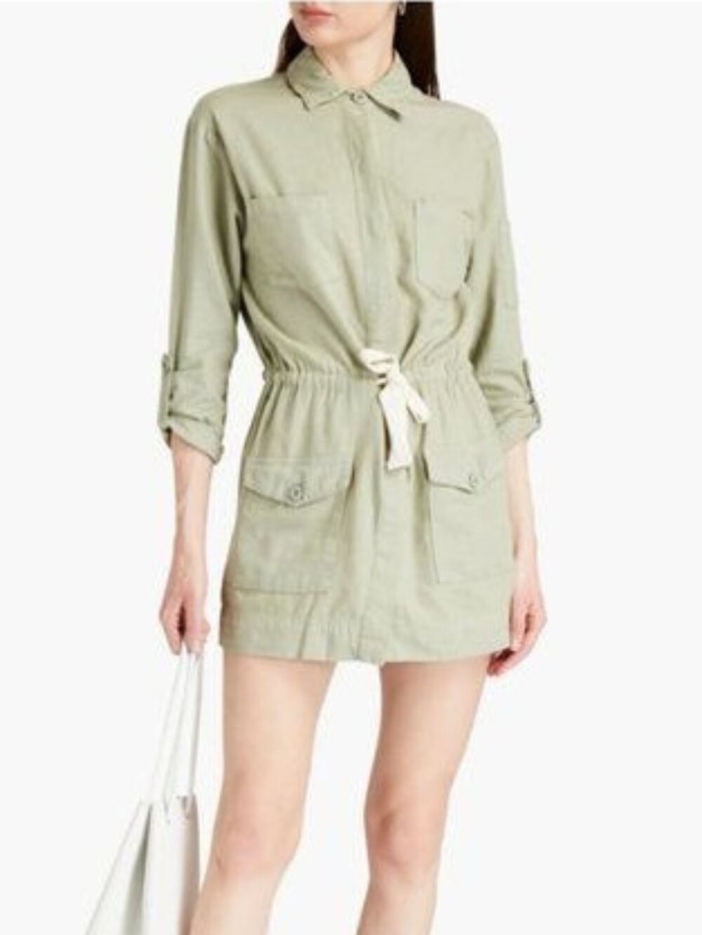 MONROW Gathered Cotton-twill Mini Shirt Dress In Sage Green - S
